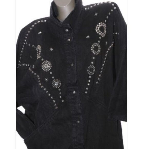 OVERSIZE Denim JACKET STUDDED Vintage 80s  Jean Coat Batwing Cocoon Bedazzled L - Picture 4 of 6